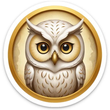 portrait of an ancient owl spirit known as “The White Owl of Oaths.”
Pale owl face emerging from mist and shadow.
No visible pupils, eyes glow softly gold or appear as deep void. 
Bone-white, warm gold, and soft shadow tones.
Centered, icon-style framing, limited palette sticker