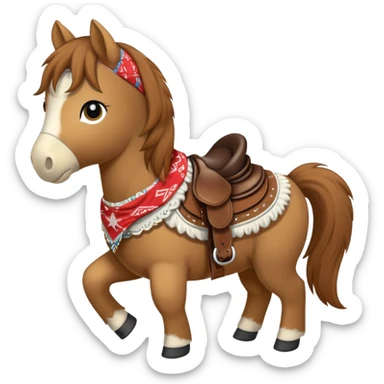 A brown plush pony with a western saddle and bandana sticker