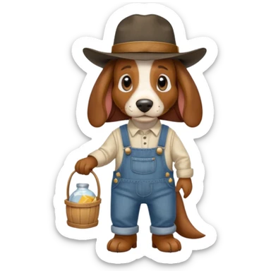 toothless hillbilly basset hound wearing a stetson and dungarees carrying moonshione sticker