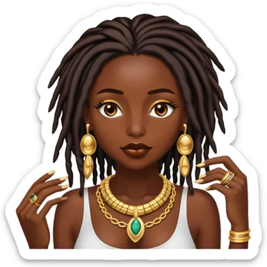 Chocolate skin women with black shoulder length locs, eyelashes and a lot of gold jewellery  sticker