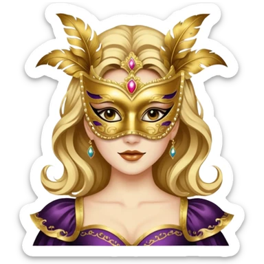 A woman in an ornate gold masquerade mask and elegant outfit, holding the mask delicately. sticker