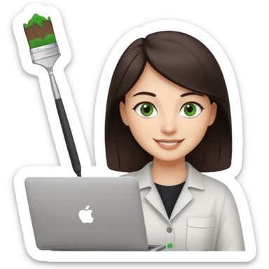 happy Graphic designer whit a MacBook, him eyes green color and dark brown hair, he is paint artist sticker