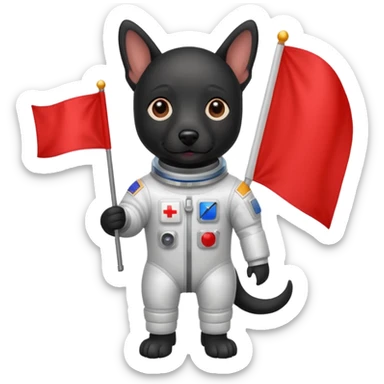 black dog standing in space suit holding red rectangle flag sticker