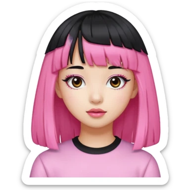 Girl with black hair but pink bangs and has a K-pop global pop star face sticker