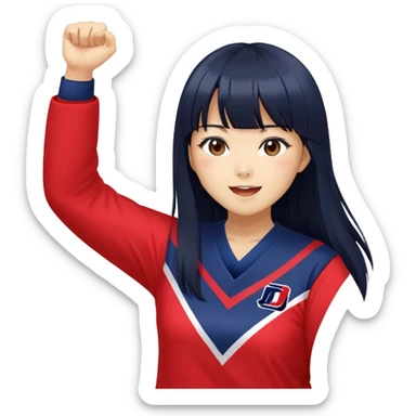 East Asian woman with long black straight hair and bangs wearing Doosan Bears team colors navy blue and red, cheering sticker