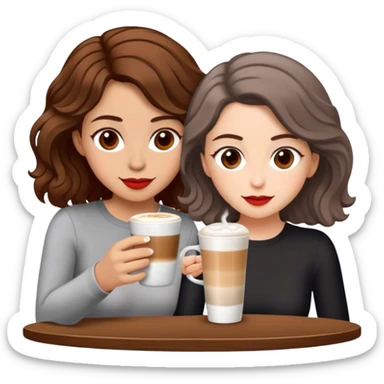 puerto rican woman light skin with shoulder-length, wavy, brown hair drinking latte with pale jewish woman with short, red gray, very straight hair drinking espresso at table sticker