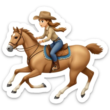 palomino horse running with a woman rider with brown hair and a cowboy hat sticker