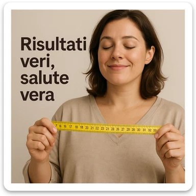 close-up of a woman with a satisfied expression, wearing loose clothes, holding a measuring tape, neutral background, Italian text: 'Risultati veri, salute vera', 4K quality sticker