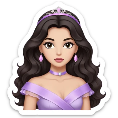 A woman with almond-toned skin, dark voluminous hair in waves, expressive eyes with soft lashes and shimmer, full lips with a glossy nude-pink color, wearing a lavender top and a white sash with “Miss San Juan” in black letters, exuding elegance and confidence sticker