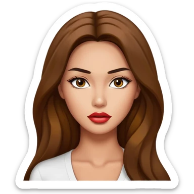 Emoji of a glamorous fashion model, tan skin, monolid eyes, full lips, long hair, white top, inspired by Megan Fox sticker