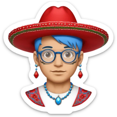 unique looking tourist with big unique red tourist sombrero and earrings, man with lots of tattoes and spectacles, blue hair showing sticker