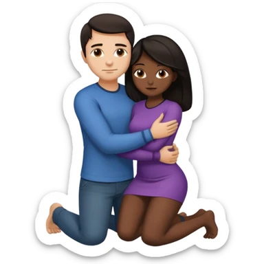 man with dark hair on knees, facing dark haired standing woman, hugging her waist sticker