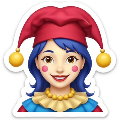 Girl with red and blue jester hat with yellow balls on the ends of the jester hat smiling with rosy cheeks and dark hair sticker