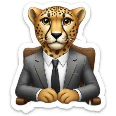 A cheetah wearing a suit looking straight while sitting in a chair sticker