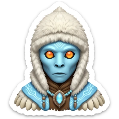 ancient arctic alien shaman portrait, head and shoulders only, Inuit-inspired fur hood, carved bone ornaments, glowing cosmic eyes, icy alien skin, spiritual sci-fi vibe, 3D cartoon, mobile game icon style, clean background, no text, no watermark


 sticker