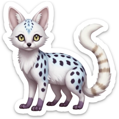White Albino frosty snow-white whitish pastel-grey-spotted Serval-Civet-Genet-Trico-Furret-Linoone-Noibat-Espeon-Fakémon-Pokémon-animal-hybrid-fusion-creature (full body) with vibrant glowing eyes, cute, elegant, soft, realistic, pastel fur sticker