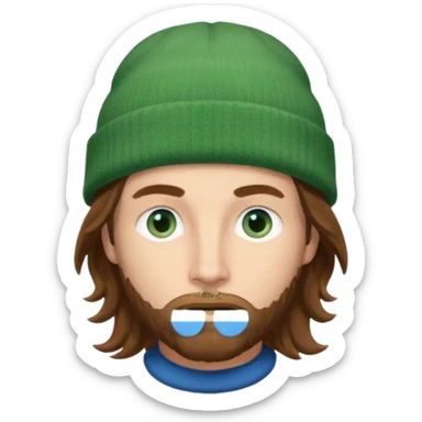 white man
aged 40
Blue eyes, 
mid length brown wavy hair
Green beanie hat sticker