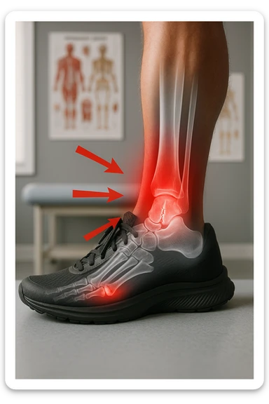 Realistic, vertical medical scene: a runner’s foot and lower leg are shown in profile, with a transparent overlay revealing a small stress fracture in the metatarsal bone. Red highlights and arrows indicate the area of pain and injury. The setting is a medical exam room, with anatomical charts in the background. sticker