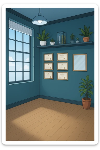 faMMI QUESTA STANZA STILE MANGA/WEBTOON A COLORI SENZA LE PERSONE E SENZA LETTINO, SOLO LA STANZA. FALLA MOLTO PIù LUMINOSA CON LUCI PIù FREDDE E MODERNE, NON LUCI GIALLE sticker