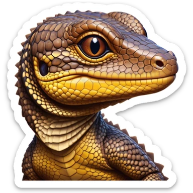 Cinematic Cute brown camo spotted monitor Lizard Portrait Emoji, Head tilted playfully and inquisitively, with a sleek, patterned body accented by vibrant hues and round, sparkling eyes full of wonder, Simplified yet irresistibly adorable features, highly detailed, glowing with a warm, friendly glow, high shine, affectionate and lively, stylized with a touch of exotic charm, bright and endearing, soft glowing outline, capturing the essence of a mischievous yet captivating lizard that seems as if it could scuttle out of the screen into your arms! sticker