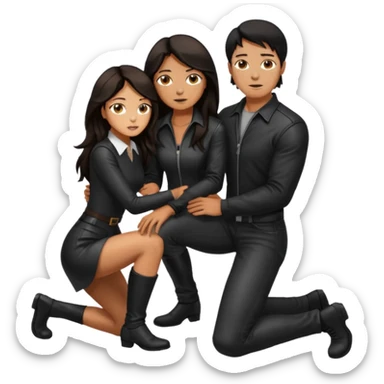 Tan skin with freckles, long dark hair, hazel eyes Dominatrix standing over a dark haired man who is kneeling at her knees sticker