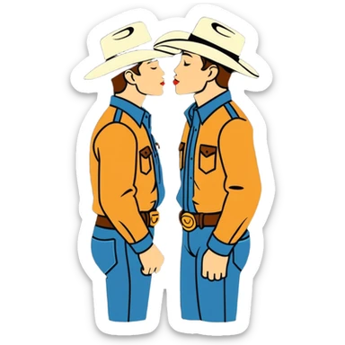 two cowboys, both men, kissing sticker