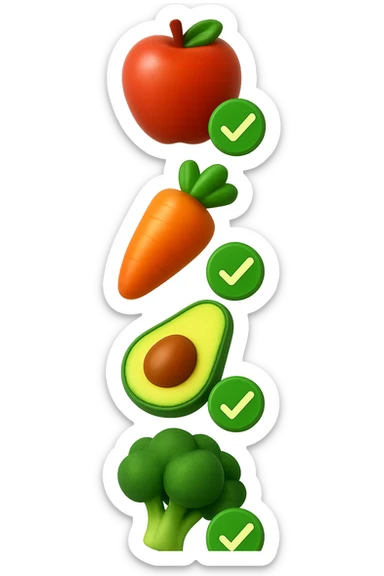emoji stile iphone in 3d di cibo sano che fluttua in aria vericalmente insieme a spunte verdi di verificato, iperrealistico 4k sticker