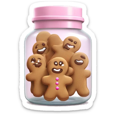Realistic glass cookie jar with light pink lid full of gingerbread cookies isolated.  sticker