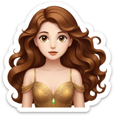 Cinematic Stunning Belle Portrait Emoji, Deep brown eyes full of curiosity, long chestnut hair flowing in soft waves, wearing her golden ballroom gown, glowing with warmth and elegance, a princess whose beauty is as radiant as her mind! sticker