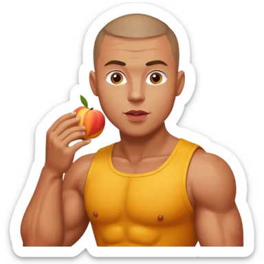 Muscular man with buzz cut eating peaches sticker