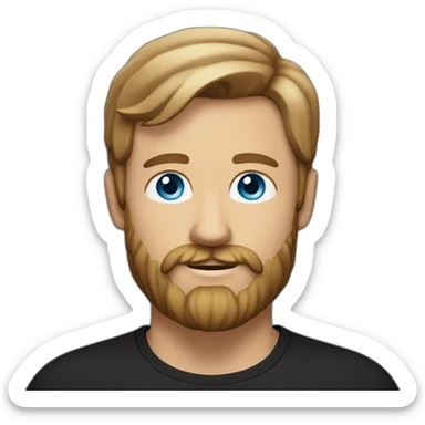 White man with a sun kissed tan and blue eyes. His hair is dark brown, styled sideways backwards. He has a beard and mustache trimmed. Wears a black t-shirt, Apple pencil behind his ear. sticker