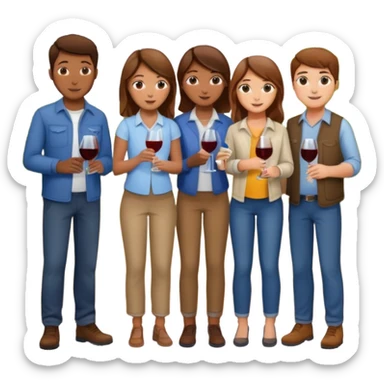 Make a photo of 5 project managers, specifically 3 girls with brown hair and 2 boys, that are making project for improvement of the winery sticker