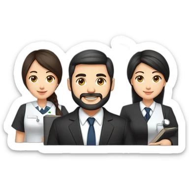husband age 40 dark brown hair trimmed beard wearing dark business suit holding bible, wife asian age 40 black hair wearing nurse uniform, no children sticker