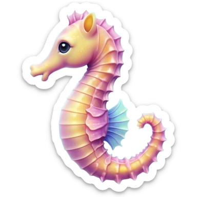 Cinematic Cute Sea Horse Portrait Emoji, Head tilted playfully and inquisitively, featuring a charming, petite seahorse with a softly curved body in pastel tones, a delicately coiled tail and round, sparkling eyes full of gentle wonder, Simplified yet irresistibly adorable features, highly detailed, glowing with a warm, inviting aquatic glow, high shine, affectionate and lively, stylized with a touch of enchanting marine charm, soft glowing outline, capturing the essence of a mischievous yet loving seahorse that seems as if it could float out of the screen into your arms! sticker