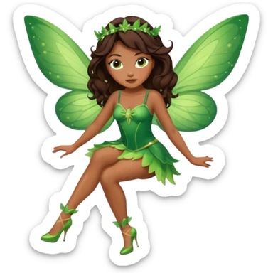 Pretty girl with caramel skin. Dark brown hair and brown eyes. She has freckles. Wearing sexy makeup. Wearing a green fairy costume and heels and flying sticker