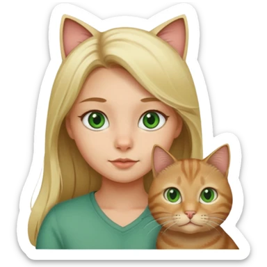blonde girl with long blonde hair with tabby brown cat with green eyes and chubby gray cat with big green eyes sticker