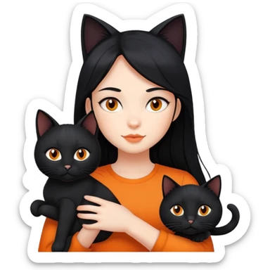 A girl with long black hair is holding a black cat, an orange cat, and a black cat sticker