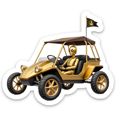 Old American West tarnished neon underglow C-3PO bounty hunter 1854 delicately ornate rosegold accents painted dune buggy buckboard wagon powered by electric motors and batteries with safety and belts flying rapidly roughening terrain stable on strong agile advanced suspension and steering sticker