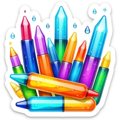 Create an icon that represents decorative arts using epoxy resin in tubes. The design should feature colorful tubes of resin, including fluorescent resin tubes, with visible drops or strokes of resin being applied to create intricate designs. Include examples of finished resin jewelry or decorative pieces, such as pendants, rings, or abstract art. The composition should feel vibrant and artistic, highlighting the creative and glowing nature of resin crafting. The background should be transparent. sticker