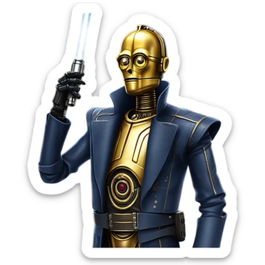 tough well-equipped jedi first order life-sized darkblue-pearl C3po as a friendly bounty hunter droid wearing a leather clothing old west duster coat holding light saber sticker