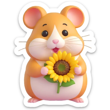 3D emoji style hamster, holding a sunflower seed, chubby cheeks sticker