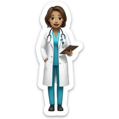 A woman doctor, with brown hair in a white coat, with pink lips, with brown eyes, holds a medical card in her hands sticker