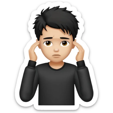 a PRETTY BRATZ boy with black messy hair, one hand on head. looking sad sticker