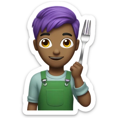 A man with purple hair and he is wearing a green jumpsuit with the number 230 on his jumpsuit. He also is holding up a fork sticker