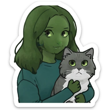 Brunette girl with dark blue sweatshirt holding a fluffy grey Siberian cat sticker