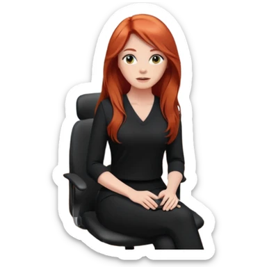 Video call therapy session: red-haired therapist with long hair wearing black minimalist clothing, seated in a professional home office, looking at the webcam; calm, modern teletherapy setting sticker