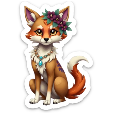 Multicolored gloomy dark edgy gothic spooky warm badass realistic floral exotic Falvie-Fionbri-fursona, full body, wearing jewelries sticker