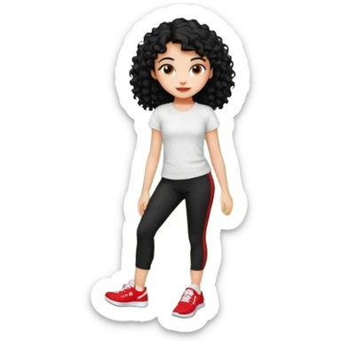 generate a pretty bratz fair skinned girl with curly black hair wearing a white tshirt trekking on a hill with red sneakers on and black leggings. Show HILLS sticker