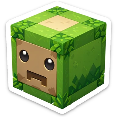 Minecraft grass block, isometric, simple face, emoji style sticker