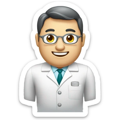 Crea un avatar de medio cuerpo de un dentista gordito con ojos grandes , cara fina, pelo cafe , ojos grises, uniforme blanco sticker